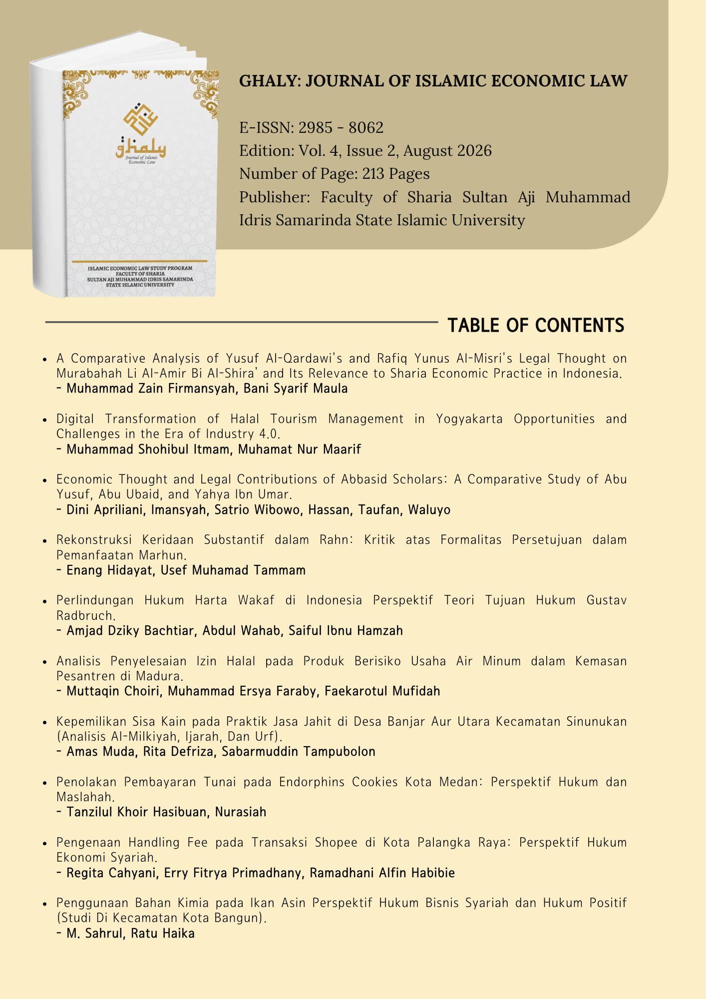 					View Vol. 4 No. 2 (2026): Ghaly: Journal of Islamic Economic Law
				